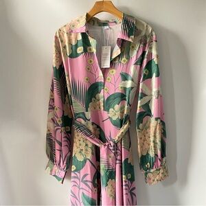 Pink & Green Tropical Floral Maxi Shirt Dress Tie Waist Size L NWT